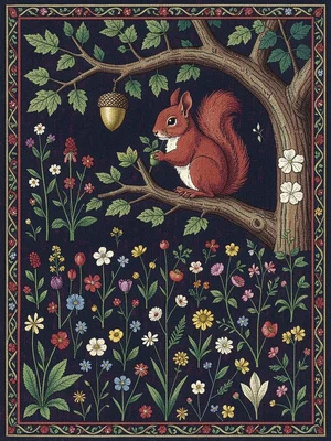 Squirrel in Oak on Red Millefleur Ground
