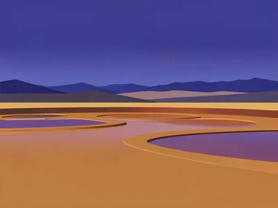 Shallow ochre lake pools across a flat copper basin reflecting a deep lapis sky,