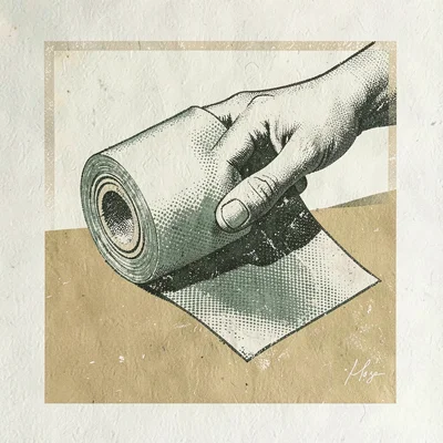 Bold screenprint design of a hand pulling halftone tape off a roll, sage and och