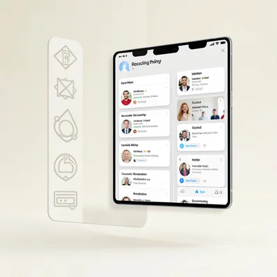 Side-angle product shot of a recruiting app window floating above a cream backdr