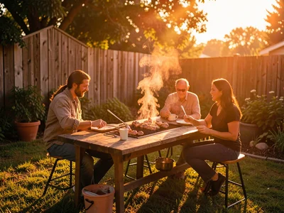 Backyard BBQ in warm light