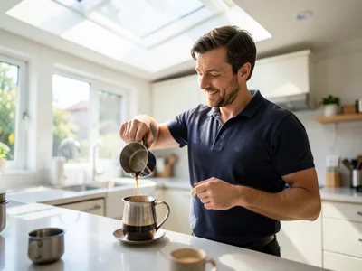 Man pouring freshly brewed coffee in a bright modern kitchen, morning light stre