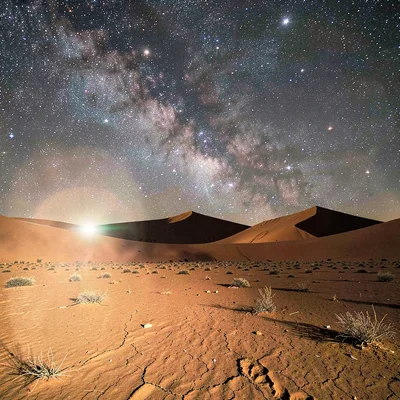 Desert environment photograph, extreme heat conditions, Stars over the desert at