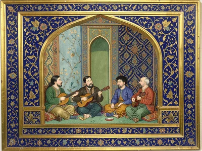 Musicians seated in an arched niche with ornamental patterned textile wall