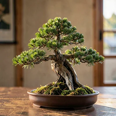 Botanical of a juniper bonsai with cascade form, soft sidelight emphasizing the 