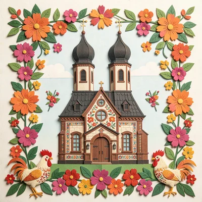 Polish wycinanki paper cut illustration, a church with onion dome surrounded by 