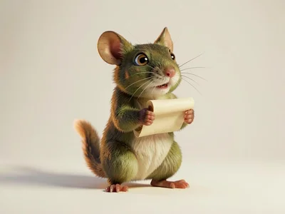 Tiny dormouse-poet standing on hind legs with miniature scroll unrolled between 