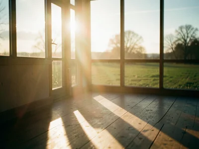 Window casting long rectangular light beam across wooden floor, spring afternoon