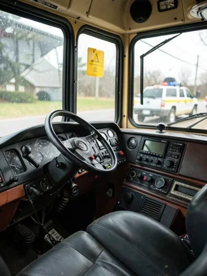 Fire engine cab interior — steering wheel, radio equipment, yellow gear visible 