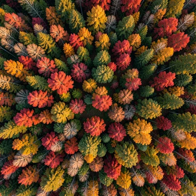Autumn forest canopy from directly above, the mosaic of red, orange, yellow, and