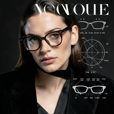 Glasses photo with optician's technical lens diagram and frame measurements over