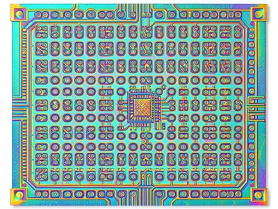 IC die with visible SRAM array, regular memory cell grid creating uniform textur
