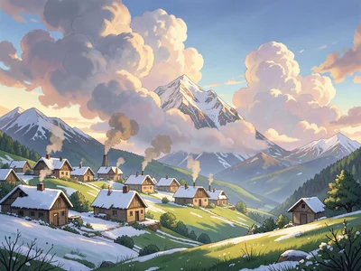 Snow-covered mountain village with smoke from chimneys, dramatic clouds, dawn