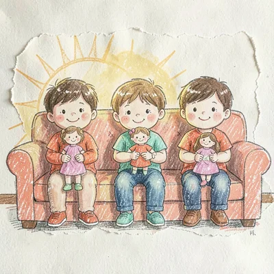 Three siblings on a settee each holding their own doll, kid-friendly glow