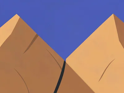 Knife-ridge mountain pass cuts between two ochre peaks under a vast lapis sky, h