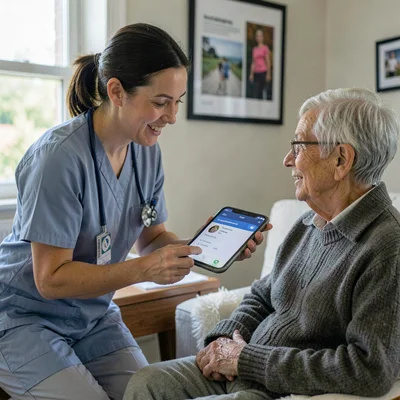 Documentary photography, unposed moment, Nurse explaining telehealth platform to