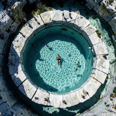 A lone figure floating in a natural cenote, the person centered in the circular 