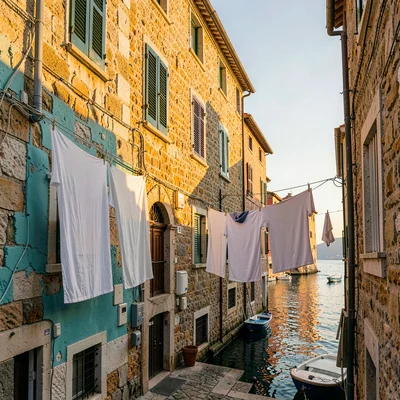 Adriatic limestone warmth, Dubrovnik honey stone, Laundry hanging between buildi