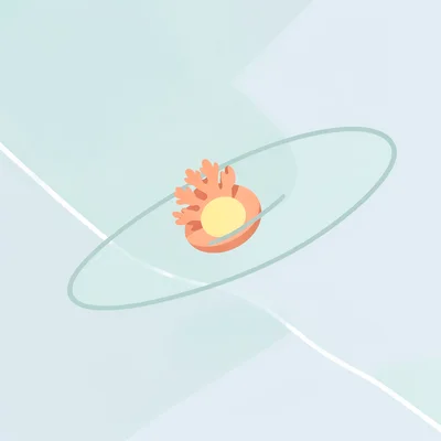 flat-vector single satellite-orbit abstract — small coral disc orbiting a butter