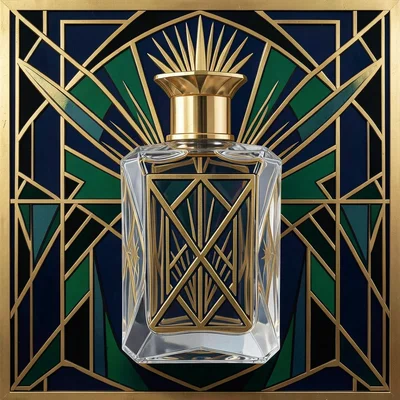 A perfume bottle design in the Art Deco style: faceted crystal with gold stopper