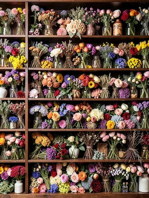 A bookshelf where every gap is stuffed with dried flowers and botanical specimen