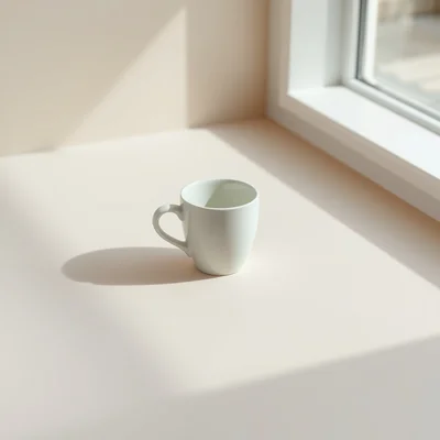 Minimalist photography of a single white coffee cup centered on a clean matte surface, soft natural window light, subtle