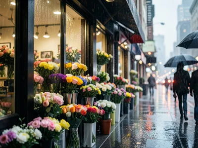 A florist's shop front in the rain, flowers displayed outside getting rained on,