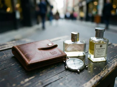 Leather wallet, watch, and cologne arranged on dark wood surface, gift setup