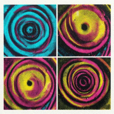 CMYK rosette pattern extreme macro, four halftone screens at standard angles cre
