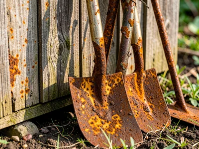 Rusted garden tools leaning against shed, horticultural aging