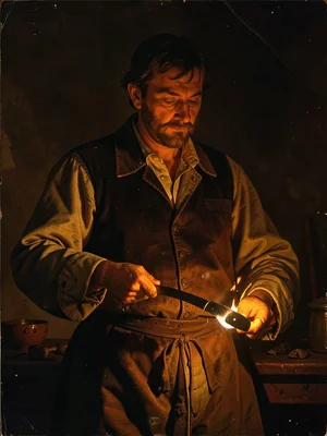 Blacksmith lifting hot iron tongs, forge glow the only light source, face cast i