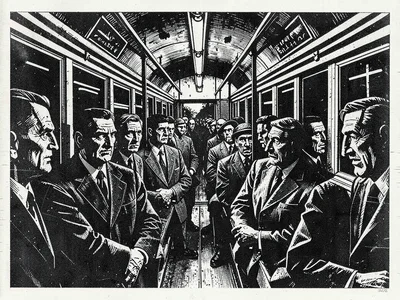 Crowded tram interior, faces compressed into sharp angular wedges