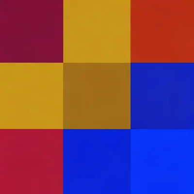 Saturated colour-block grid of nine bold squares in alternating ruby, mustard, a