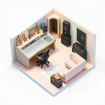 A music studio: mixing desk, guitar rack, vocal booth, sofa with scattered lyric