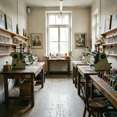Atmospheric interior of a long printmaking studio with two etching presses and a