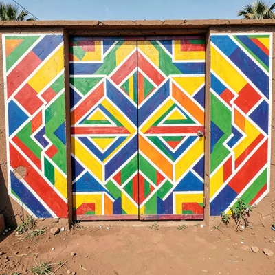 Ground pattern painted at entrance — geometric welcome design on packed earth