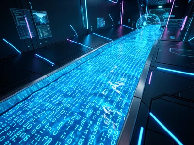 River flowing with liquid data — ones and zeros visible in clear blue water