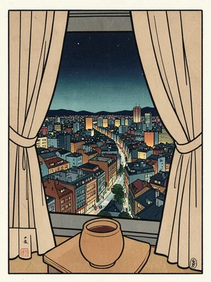 A night view of a city from a high apartment: curtains pulled back, the skyline 