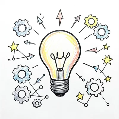 A lightbulb radiating idea rays, surrounded by doodles of gears, arrows, stars, 