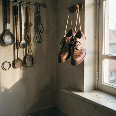 Vertical atmospheric of a tall corner with hanging tools and a finished pair of