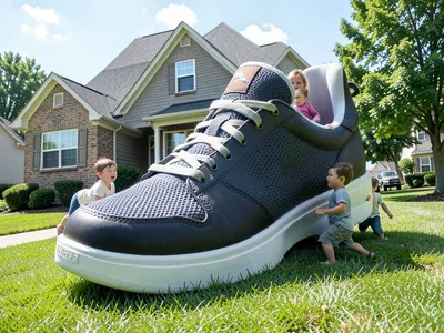 Giant sneaker the size of a house on suburban lawn, kids playing inside