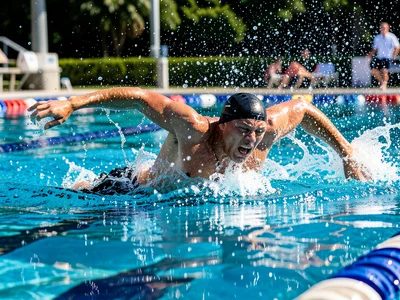 Swimmer mid-stroke in an outdoor lap pool, water droplets frozen in air