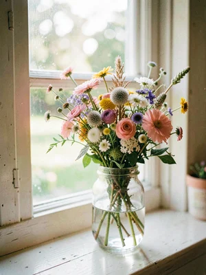 Jar of wildflowers on a farmhouse windowsill