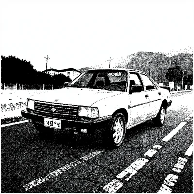 1-bit dithered illustration, car on road , black and white only, dither patterns