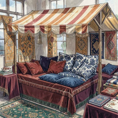 Tassel-trimmed cushion-shop market stall at midmorning with one canvas awning ca