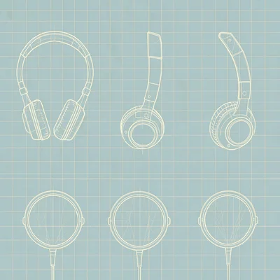 Technical orthographic of a headphone in three views, top, side, front, hairline