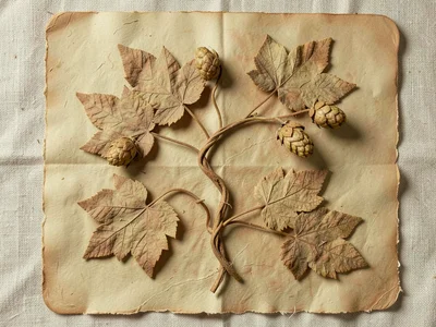 Twisted vine of dried hops flattened with leaf clusters splayed evenly across a 