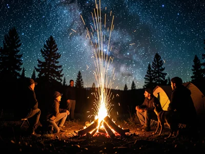 Campfire at night with sparks rising into starry sky, silhouettes of people arou