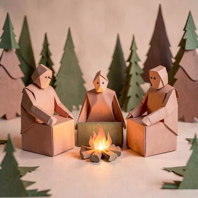 Papercraft composition of three folded-paper figures gathered around a small pap