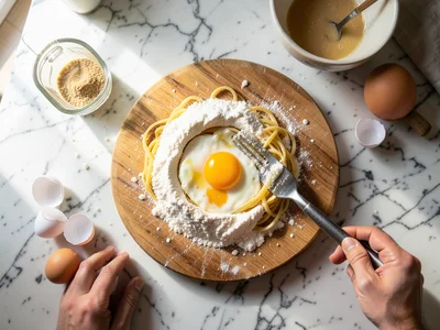 A marble countertop mid-pasta-making: flour mound with egg well, a fork incorpor